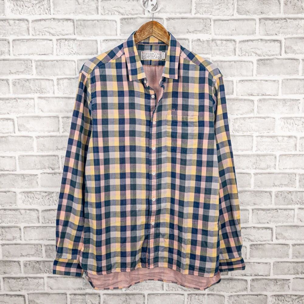 SHIPLEY & HALMOS double layer Button up Shirt in Blue Pink Cotton Men's XL
